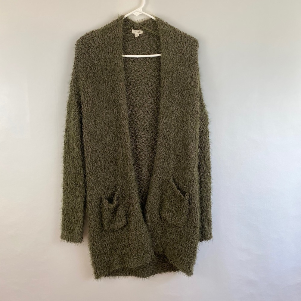 Debut Olive Fuzzy Pocket Cardigan Duster Long